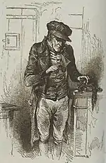 Dessin à la plume sur fond gris représentant un homme en pied, avec redingote et casquette, regardant le contenu d'un écrin