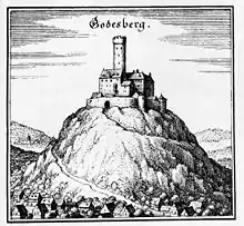 Illustration d'une forteresse qui culmine au sommet d'une colline.