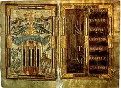 Couverture en cuir d'un ouvrage médiéval, ornée d'un titre enluminé en première page et d'animaux en quatrième de couverture.