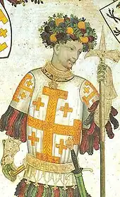 Godefroy de Bouillon en tenue de Héraut aux armes du royaume de Jérusalem.