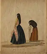 Pancho Fierro (es), artiste afro-péruvien (es), Going to church - Lady and duenna (« En allant à l'église - Dame et duègne », entre 1850 et 1860, Musée national des Beaux-Arts).