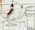 Représentation de l'église de Saint-Christophe sur le plan de Gollion de 1690 (ACV GB 58/a). À cette époque, l'église se trouvait à l'emplacement du cimetière actuel. Ce n'est qu'en 1749 qu'elle fut transférée à son emplacement actuel.