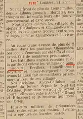 Artcicle de journal mentionnnant la libération du village le 24 août 1918.