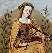 Belle jeune femme assise jouant de la viole, le front ceint d'une couronne de lauriers, entourée de deux plantes dans un paysage.