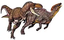 Teratophoneus attaquant un Parasaurolophus cyrtocristatus, vue d'artiste par Dimitri Bogdanov.