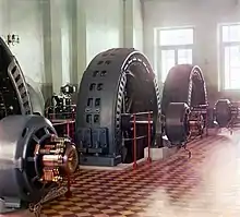 Intérieur d'une usine avec des générateurs électriques (usine sur la rivière Mourgab) au Turkestan russe