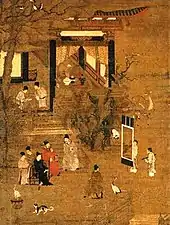 Peinture d'une scène de cour, une dizaine de personnes vacant à leurs occupations dans une grande maison et dans le jardin attenant.