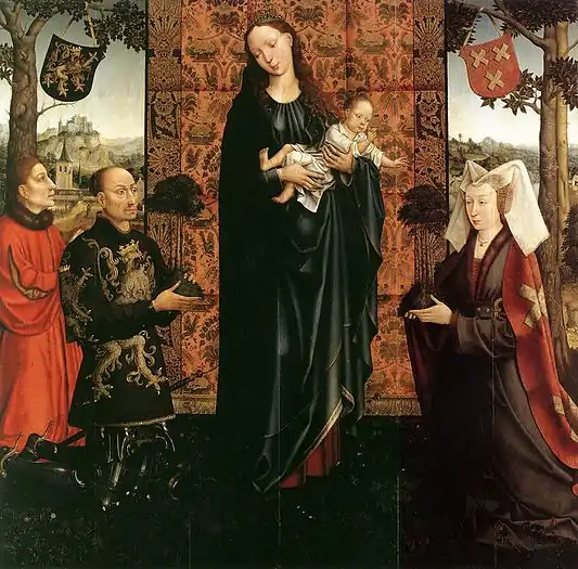 8.  Goswijn van der Weyden, Maria mit dem Kind und Stiftern, 1511, huile sur panneau, 153 × 153 cm, Staatliche Museen, Berlin, inv. 526.