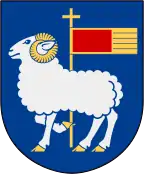 Armoiries de la province suédoise de Gotland, représentant un bélier et une croix portant un drapeau rouge et jaune.