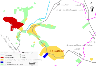 Vue d'une carte en couleur représentant les étapes de développement du bâti d'un bourg.