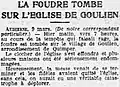 Article du journal L'Ouest-Éclair décrivant les dégâts provoqués par la foudre dans le bourg de Goulien le 8 mars 1922.
