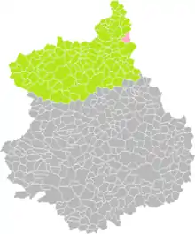 Position de Goussainville (en rose) dans l'arrondissement de Dreux (en vert) du département d'Eure-et-Loir (grisé).