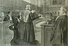 Dessin en noir et blanc de Gothe-Soulard en habit ecclésiastique et lisant un document devant la Cour d'appel de Paris.