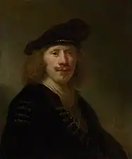 Autoportrait à l'âge de vingt-quatre ans, de Govert Flinck (1639, National Gallery). Tentative de faire passer ce portrait pour une œuvre de Rembrandt en falsifiant la signature. Très proche du style, du coloris, de la composition et du costume de Rembrandt.