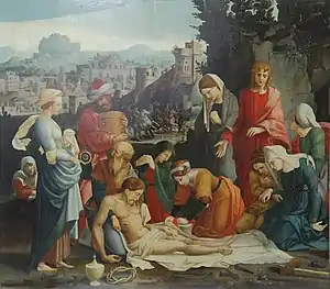 Peinture représentant, au premier plan, le Christ mort et entouré d'une dizaine de personnages, en majorité des femmes. En arrière-plan, l'entrée d'une grotte, des cavaliers et une ville sont visibles.