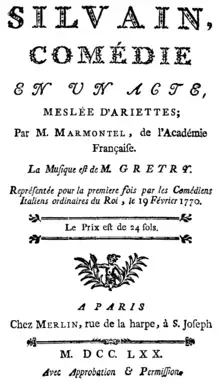 Description de l'image Grétry - Silvain - title page of the libretto - Paris 1770.png.