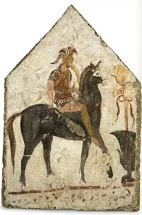 Image d'un cavalier lucanien sur une fresque d'une tombe de Paestum.