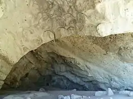 Cavité de la meulière de Grande Gueule au Mont Vouan. Les empreintes de meules sont visibles dans la partie supérieure.