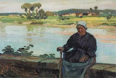 Grand-mère Brissard sur le parapet de la Loire à La Chapelle-Saint-Mesmin (1909), localisation inconnue.