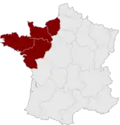 Le Grand Ouest français selon la coopération inter-régionale des concours de la fonction publique territoriale et le politologue et géographe Michel Bussi.