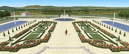 Restitution de la vue depuis le premier étage de la maison de Charles Le Brun à Montmorency, sur le parterre ouest, vers 1690.