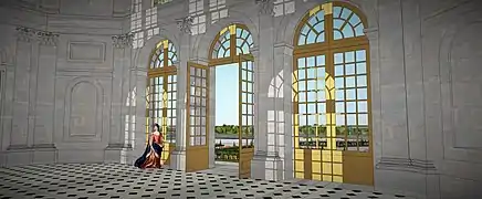 Schéma de l'intérieur du grand salon à l'italienne du château de Saint-Ouen, au XVIIe siècle. (voir aussi le clip vidéo 3D)