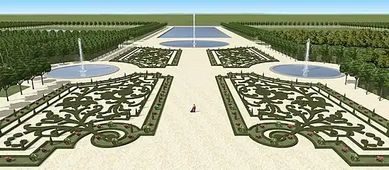 Restitution de la grande perspective des jardins de Villacerf, fin du XVIIe siècle.