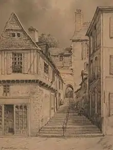 Dessin ancien figurant un escalier, des maisons à colombage et une porte de ville