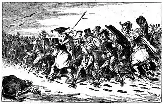 Dessin monochrome représentant une colonne d'officiers en grande tenue, de jésuites et de financiers fuyant à travers la campagne.