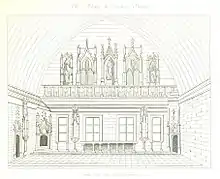 Grande salle des Procureurs ; gravure de la « France historique et monumentale » de Jean-Abel Hugo (1836).