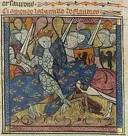 Enluminure représentant un guerrier couronné à cheval et en armure au milieu d'une bataille.