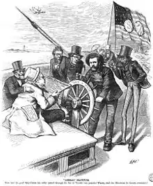 Caricature politique représentant Grant en marin à la barre d'un navire entouré de plusieurs hommes en costume