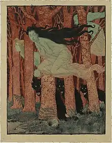 Aquarelle montrant trois sorcières vêtues de blanc chevauchant des balais, volant au milieu de troncs d'arbres rouges, au pied desquels se trouvent trois loups noirs.