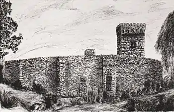 Gravure de l'ancien château de Vénissieux. Le donjon servit de base à la tour de l'église Saint-Germain et le rempart est devenu la rue du Château.