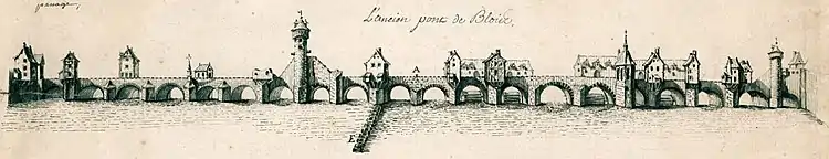 Gravure du pont médiéval de Blois (Archives municipales)