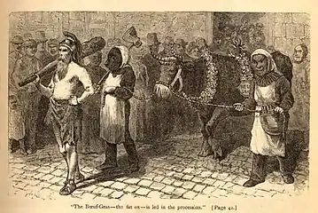 Le Bœuf Gras de la société Rex à la Nouvelle Orléans en 1873, en tête marche le sacrificateur inspiré par Paris