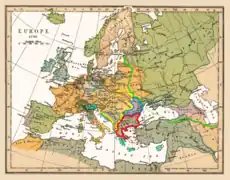 Projet grec de Catherine II de Russie au détriment de l'Empire ottoman : en rouge l'« Empire néobyzantin » de son petit-fils Constantin, en bleu le « Royaume de Dacie » de Grigori Potemkine, en jaune les compensations pour l'Empire des Habsbourg et en bleu-vert celles de Venise.