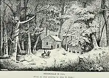 Un dessin en noir et blanc d'une cabane en rondins.