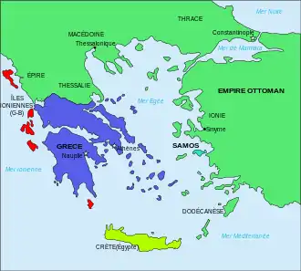 Carte montrant les différents territoires composant la Grèce actuelle en 1832.