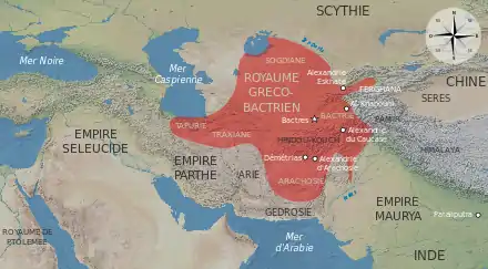 étendue du royaume gréco-bactrien vers 180 av. J.-C. à l'époque de son apogée territorial