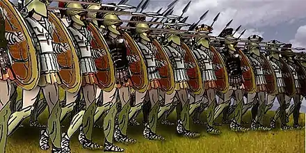 Dessins d'hommes habillés de cuirasses et armés de lance, formant une rangée