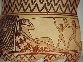 Aveuglement de Polyphème. Cratère argien. VIIe siècle. Musée archéologique d'Argos.