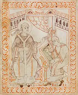 Dessin de style médiéval montrant deux hommes assis en habits de moines. L'un d'eux écrit sur un livre placé sur un pupitre.