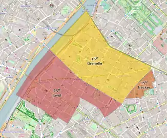 Limites de l'ancienne commune de Grenelle, avant son annexion à Paris en 1859, reportées sur un plan moderne et avec la répartition du territoire communal entre quatre quartiers parisiens.