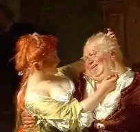 Jeune femme rousse et pulpeuse dans les bras d'un gros homme à l'air réjoui