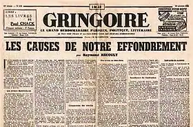 Photo sépia d'une double page de journal en petits caractères, avec en haut « Gringoire »