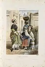 Illustration en couleurs de deux femmes en costumes anciens.