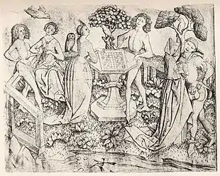 Gravure en noir présentant un jardin clos au sein duquel des hommes et des femmes conversent et jouent.
