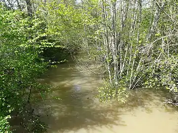 Le Grolet en crue,au pont de la RD 3, en limite de Saint-Laurent-des-Hommes (à gauche) et Saint-Martin-l'Astier (mai 2012).