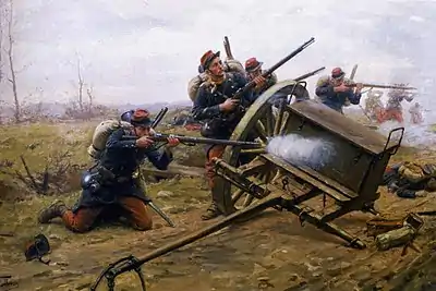 Soldats du 24e d'infanterie de la brigade Micheler, au combat sur une route, durant la guerre de 1870